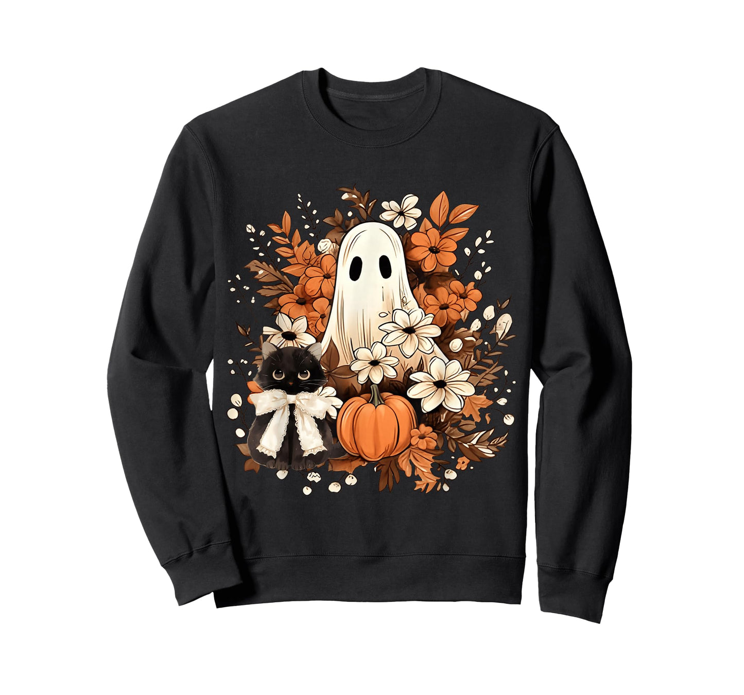 Vintage Halloween Ghost Holding Black Cat Groovy Floral Fall T-Shirt