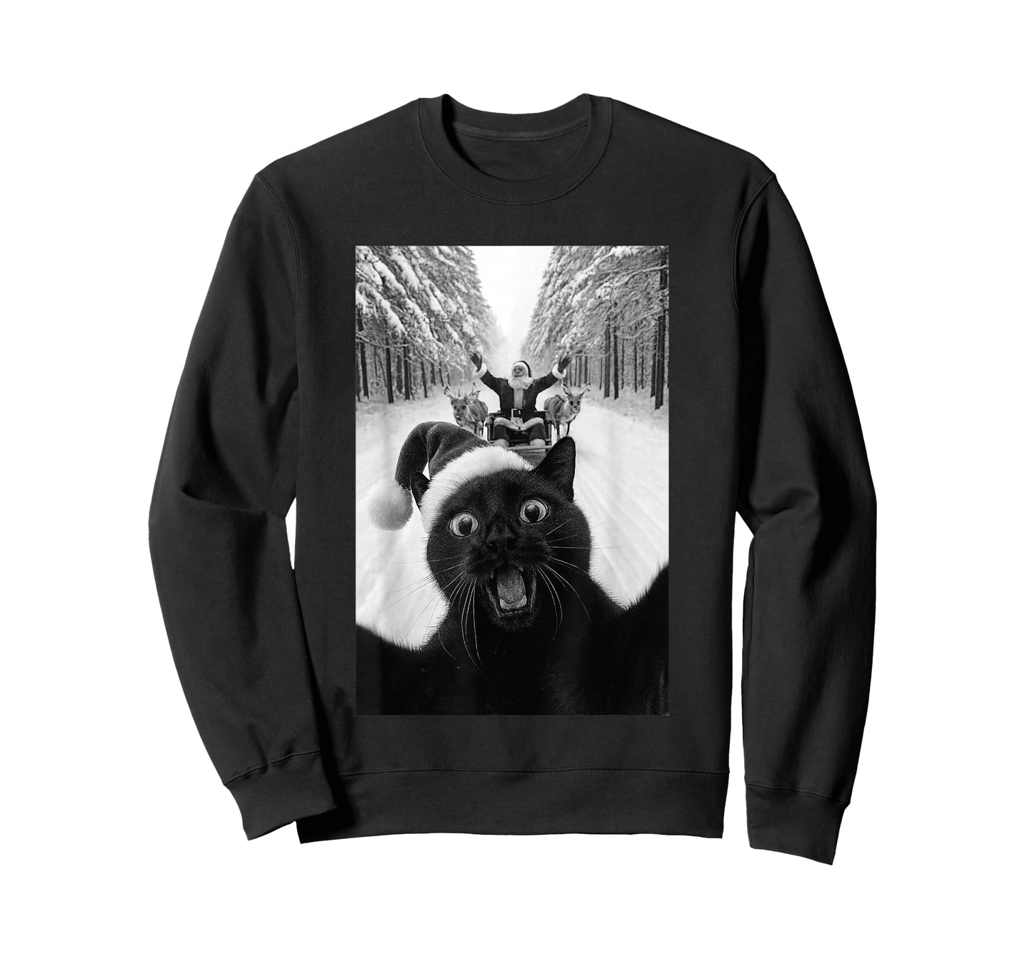 Funny Black Cat Selfie with Santa Christmas T-Shirt