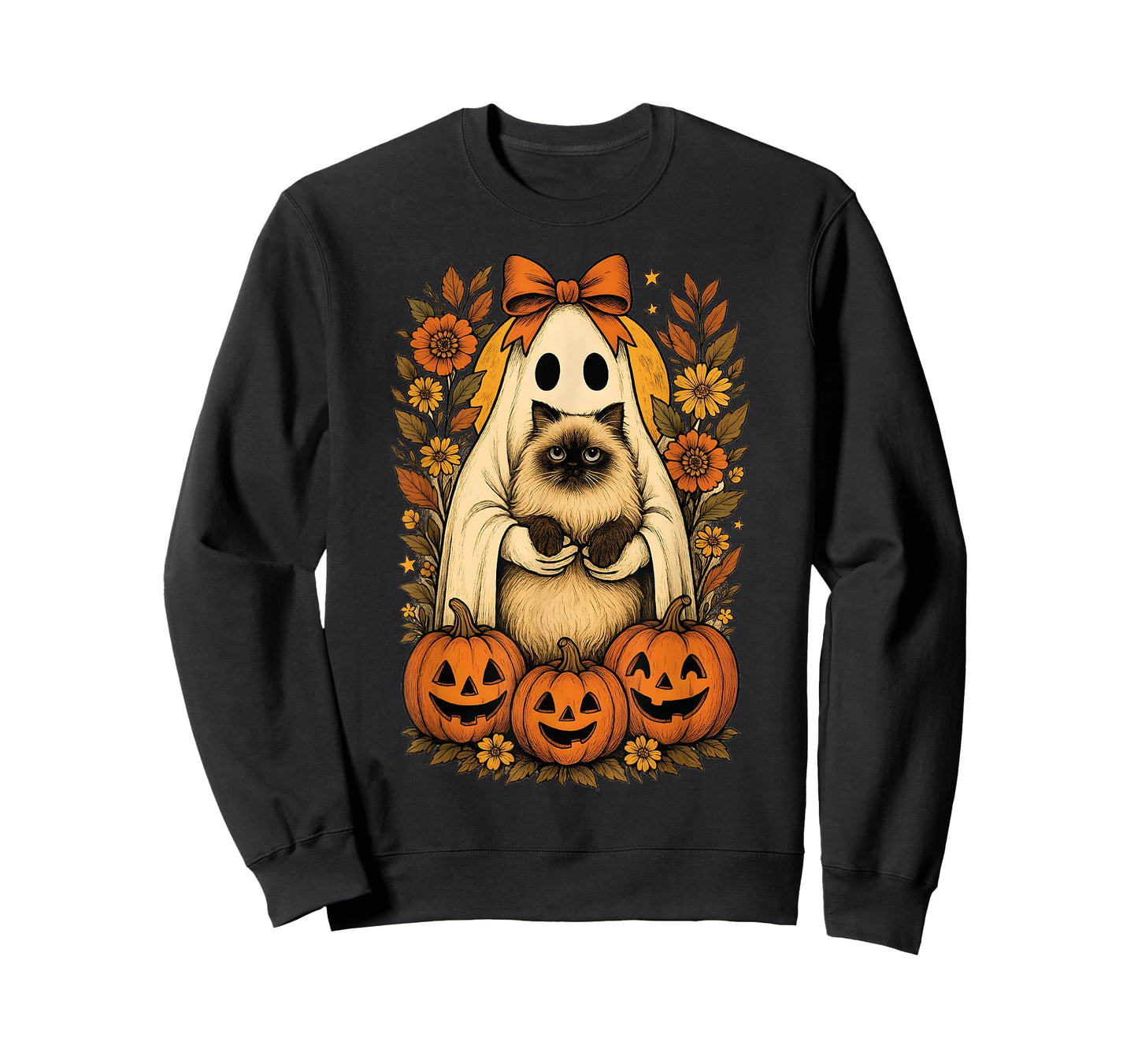 Vintage Ghost Holding Himalayan Cat with Pumpkins Halloween T-Shirt