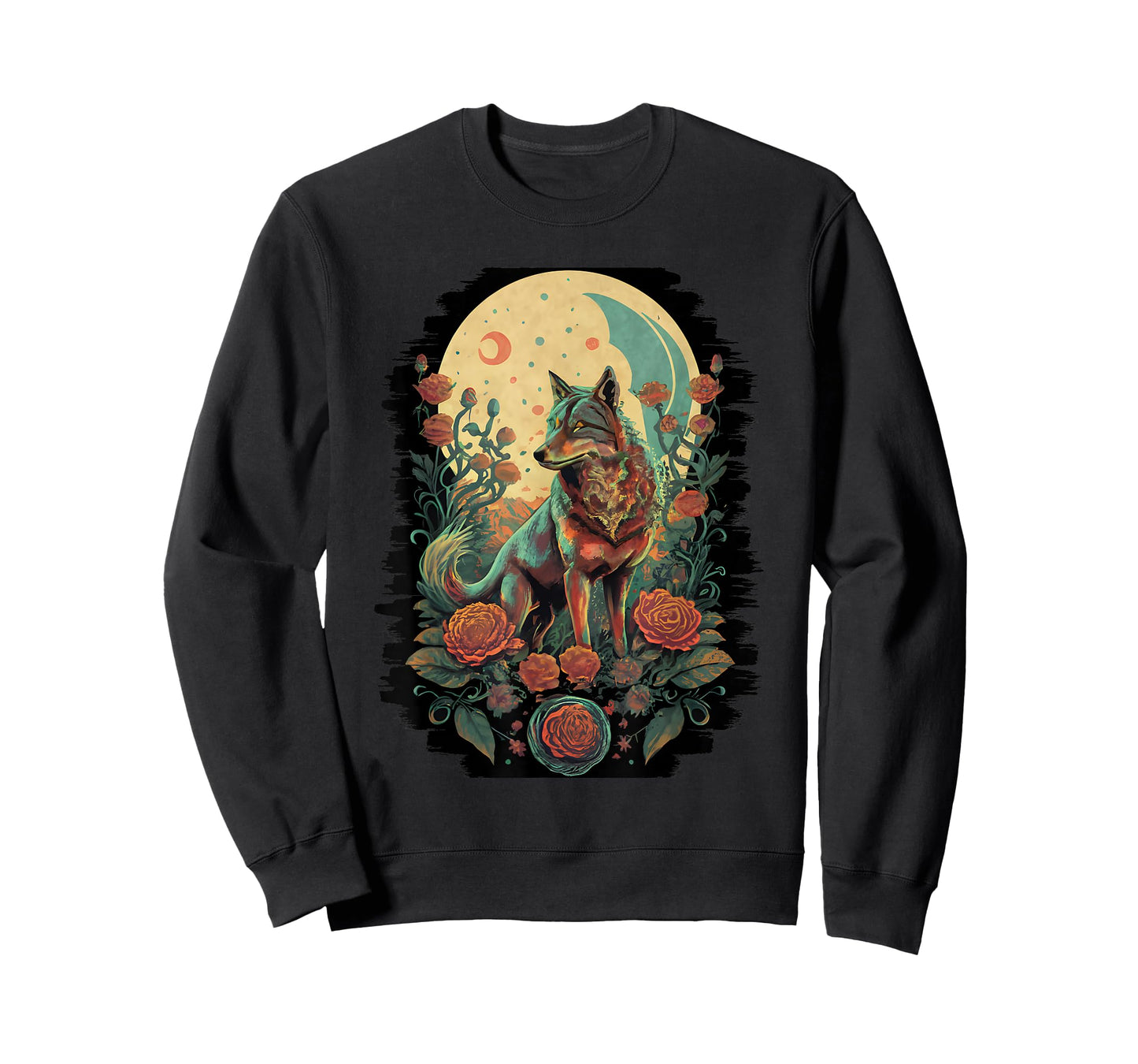 Botanical Wolf Women Roses Full Moon Children Floral Wolf T-Shirt