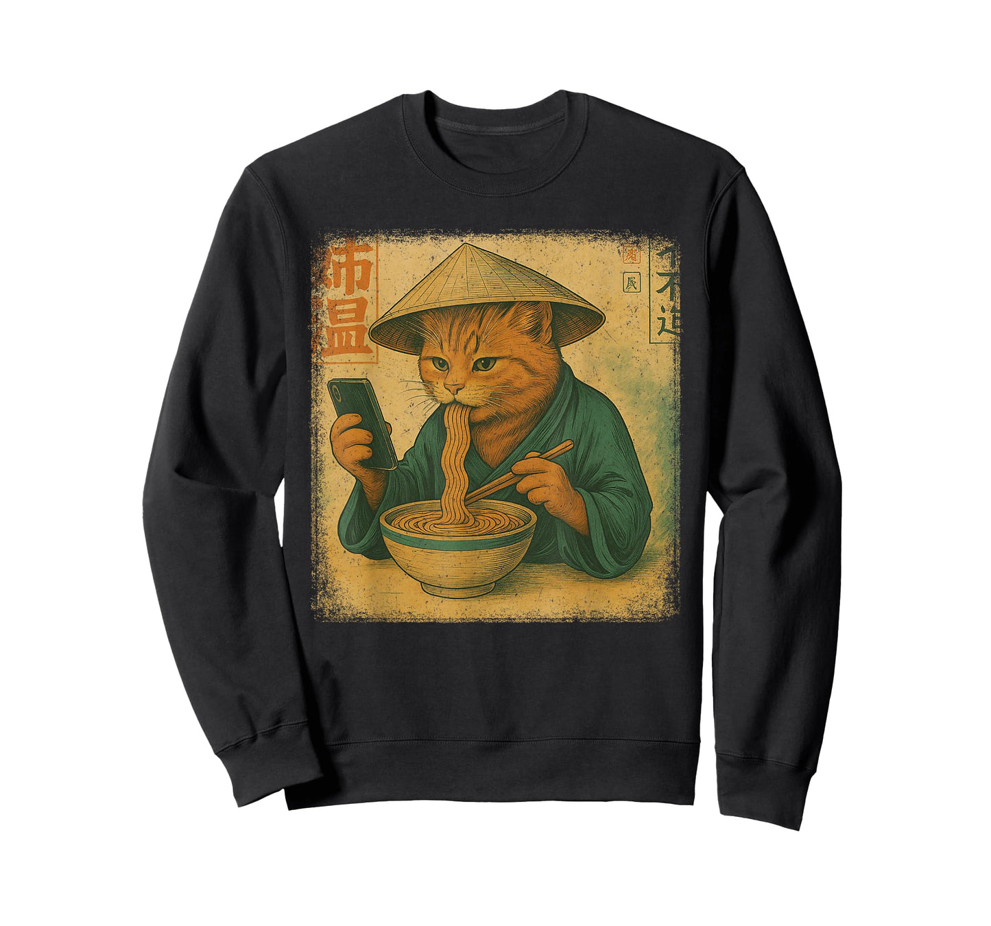 Funny Japanese cat Eat Ramen and Scroll Phone Anime Kitten T-Shirt
