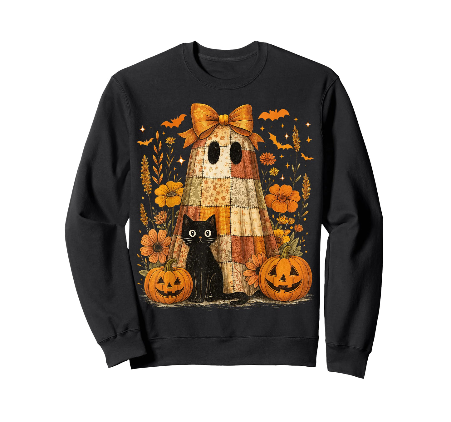 Vintage Halloween Ghost Black Cat Patchwork Floral Women Kid T-Shirt