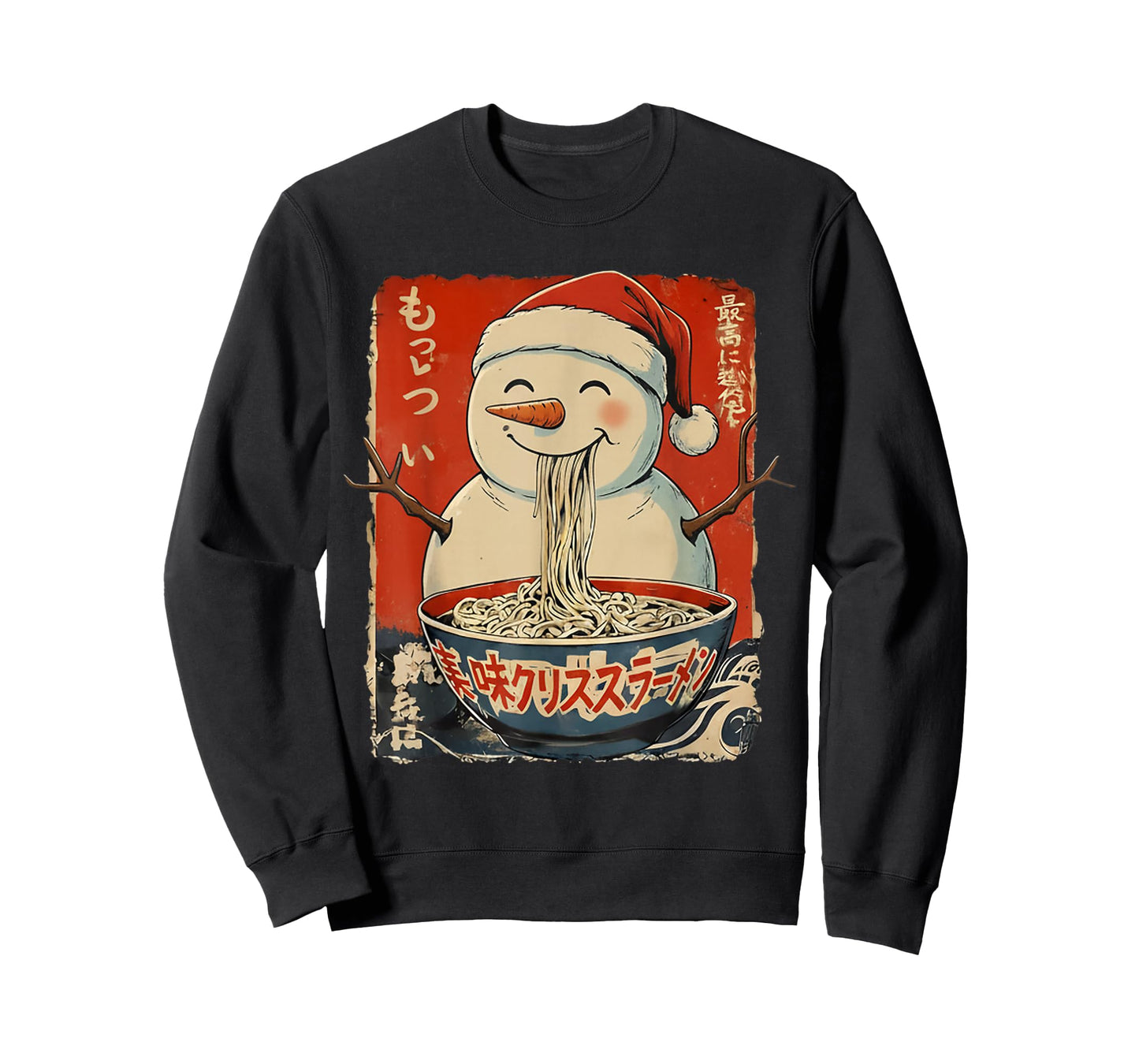 Snowman Eating Ramen Noodles Ukiyo-e Inspired Christmas T-Shirt