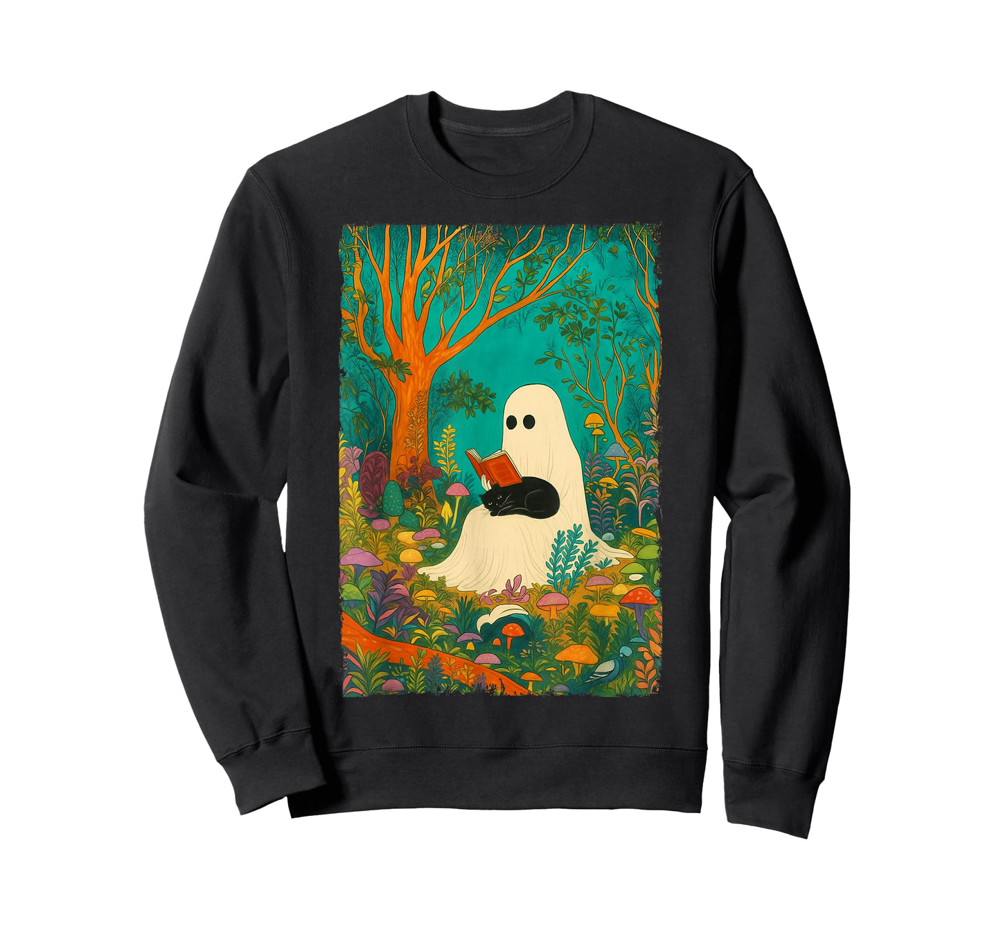 Groovy Ghost Reading Book Black Cat Halloween Ghost Teacher T-Shirt