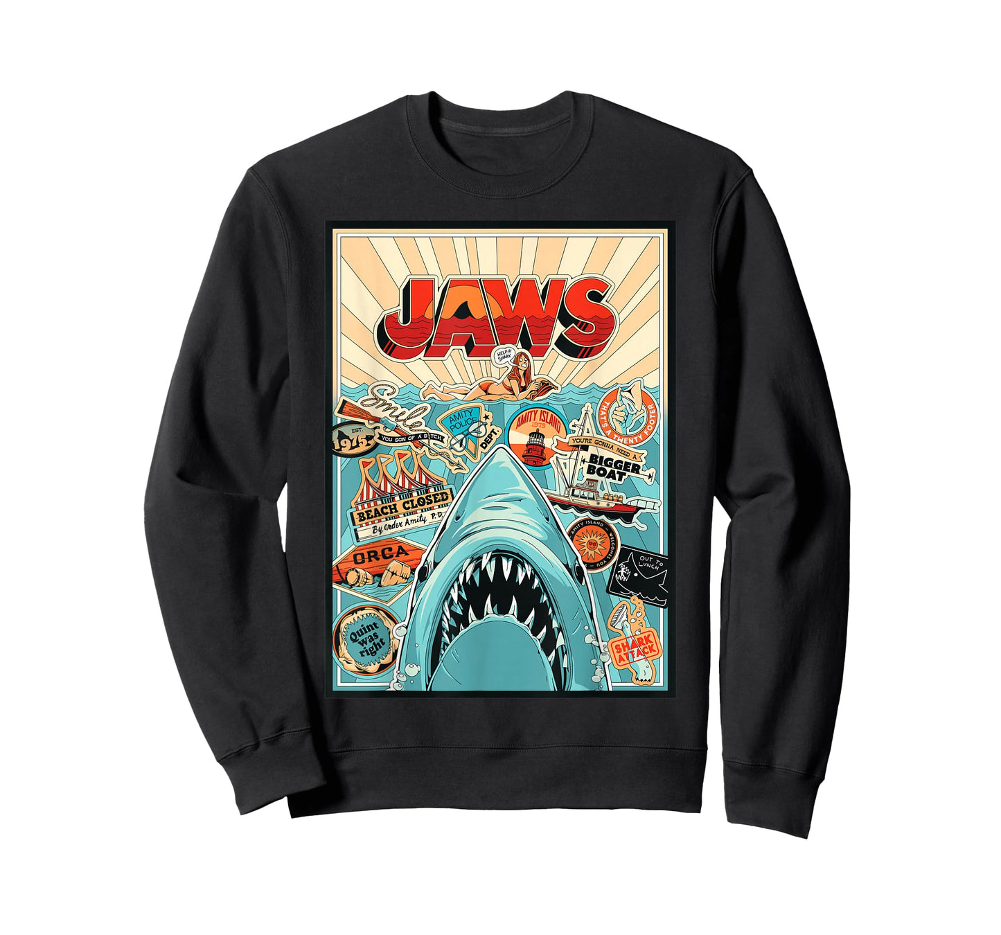 Jaws 50th Anniversary Poster Amity Sticker Collage 2-Sided T-Shirt