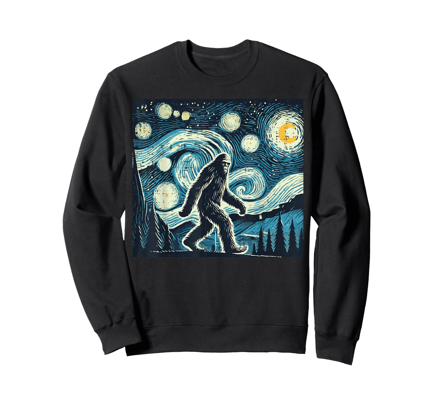 Bigfoot Starry Night Funny Sasquatch Art Paint Women Men Kid T-Shirt