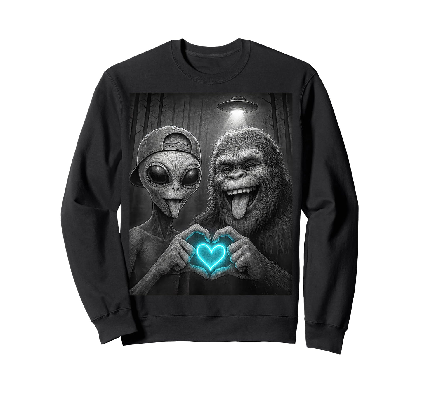 Alien and Bigfoot Heart UFO Funny Love Hand Sign Friendship T-Shirt