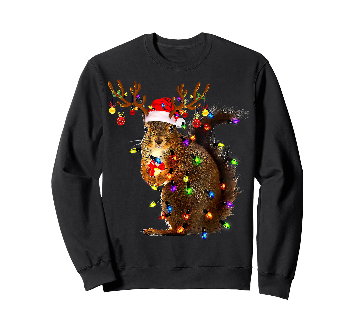 Funny Squirrel Christmas Tree Lights Reindeer Santa Hat Xmas T-Shirt