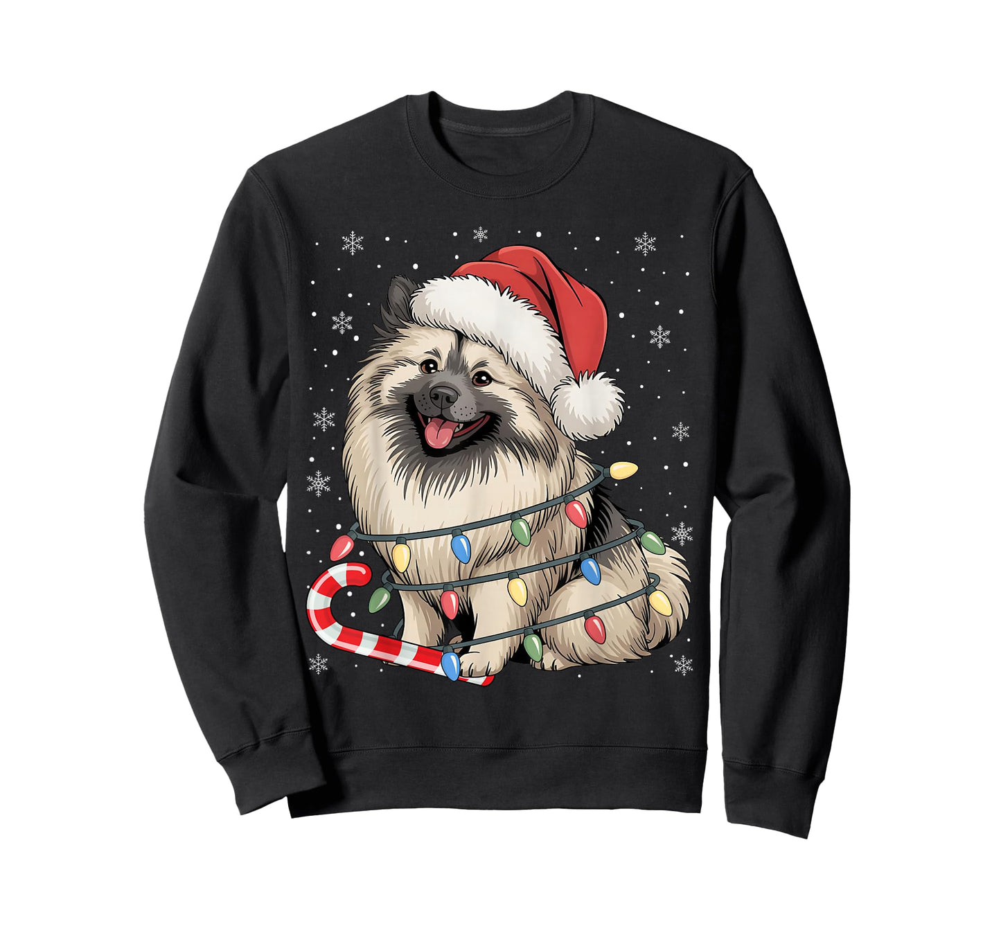 Keeshond Dog Ugly Christmas Candy Cane Tree Lights Xmas T-Shirt