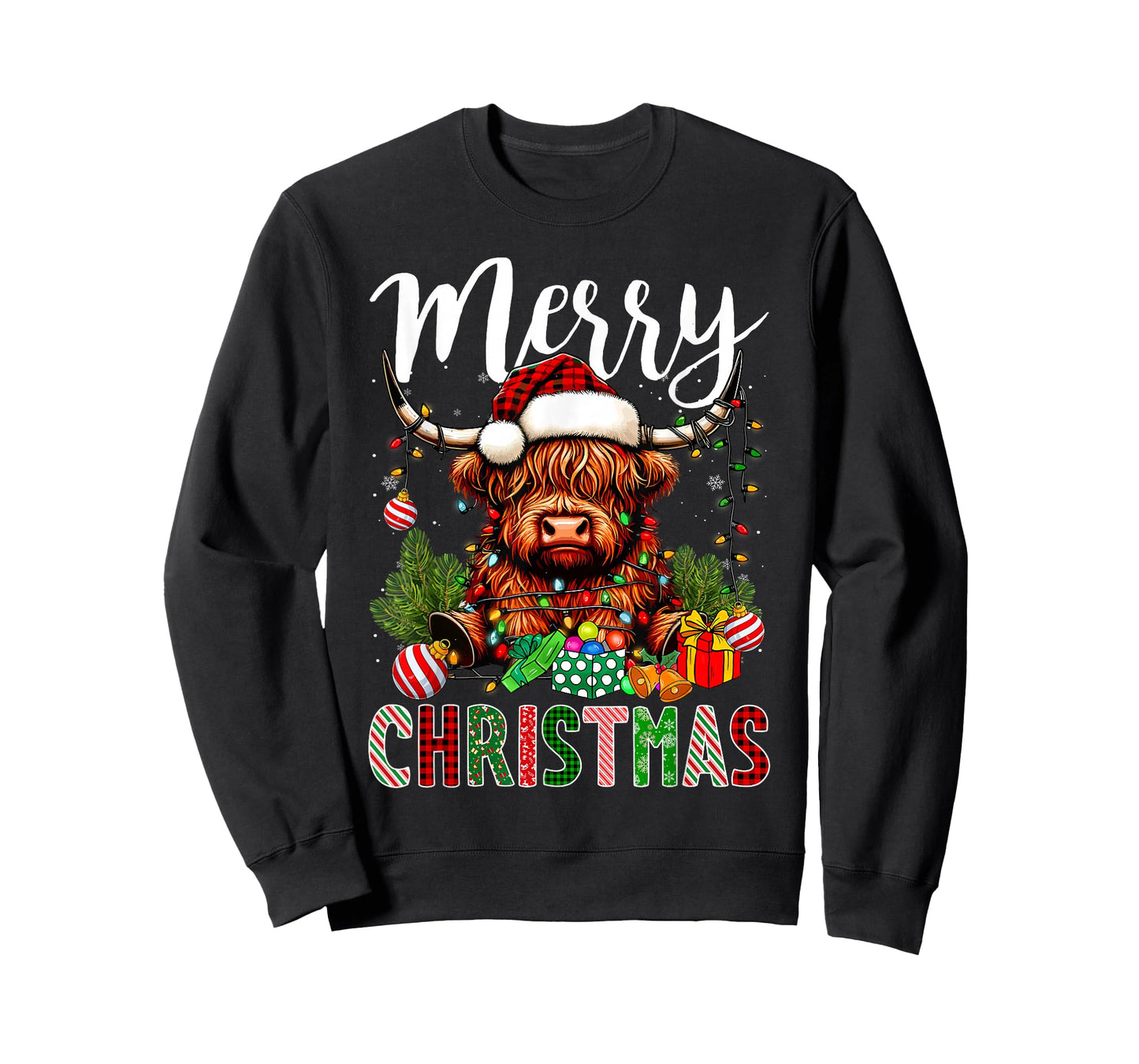 Merry Christmas Pajamas Highland Cow Christmas Tree Lights T-Shirt