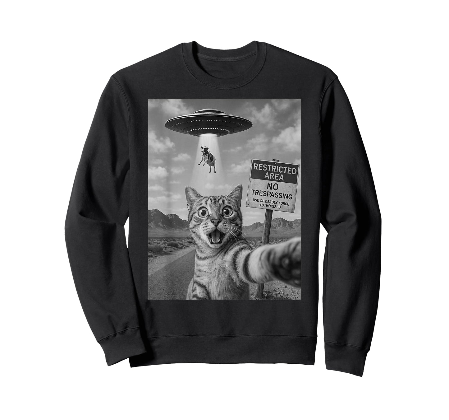 Cat Selfie with UFO Alien Abduction Funny Cow Humor Meme Cat T-Shirt