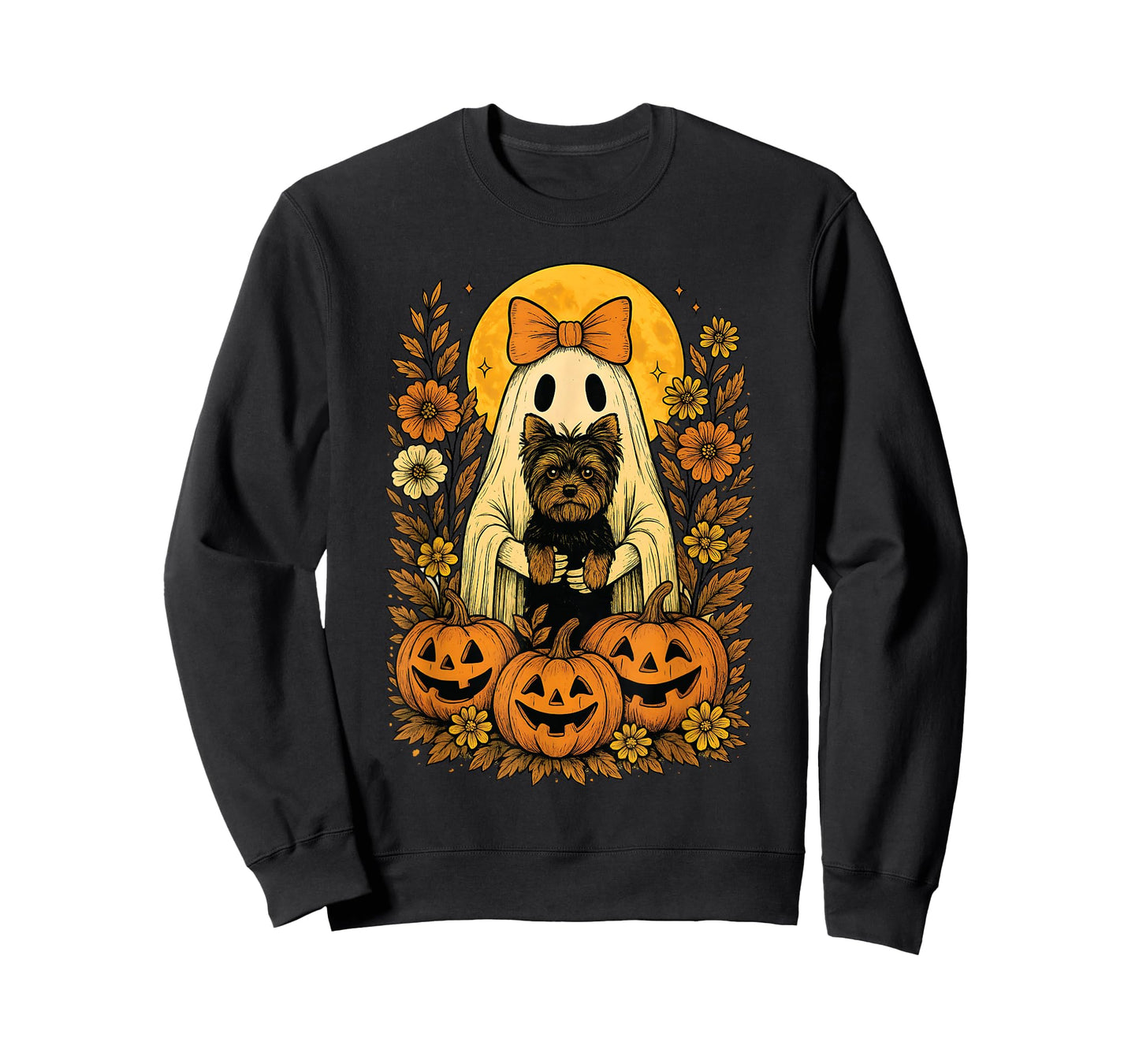 Floral Halloween Ghost Holding Yorkshire Terrier (Yorkie) T-Shirt