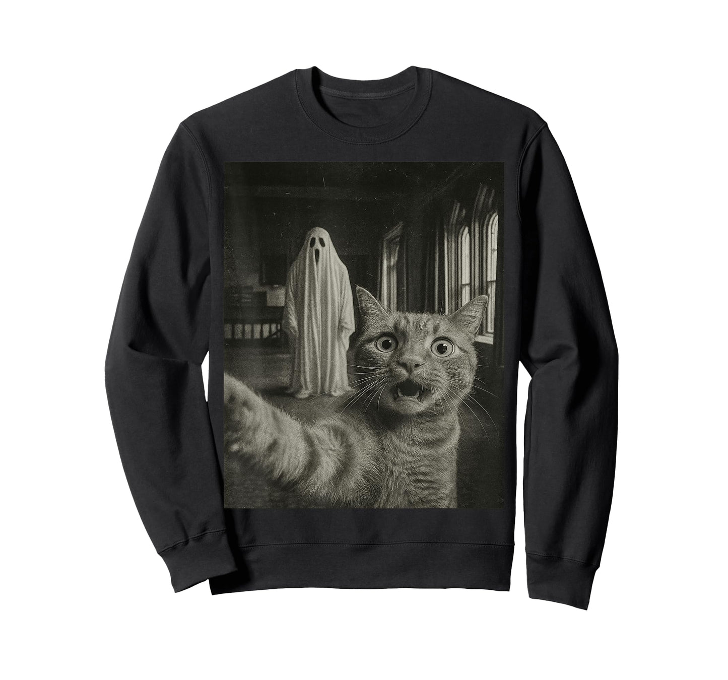 Haunted House Ghost Vintage Photo Funny Tabby Cat Halloween T-Shirt