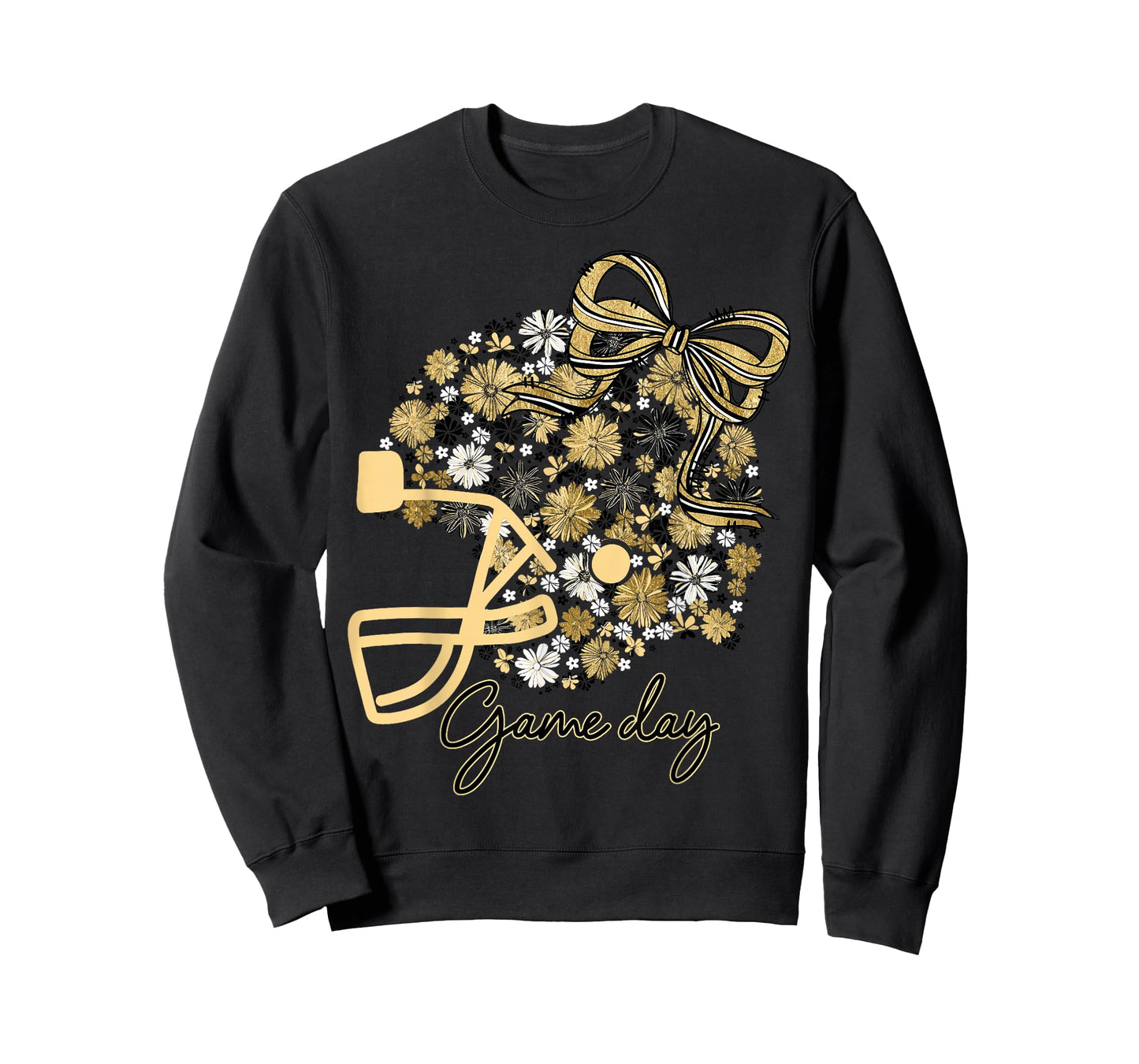Floral Football Game Day Girly Bow Team Spirit Black & Gold T-Shirt