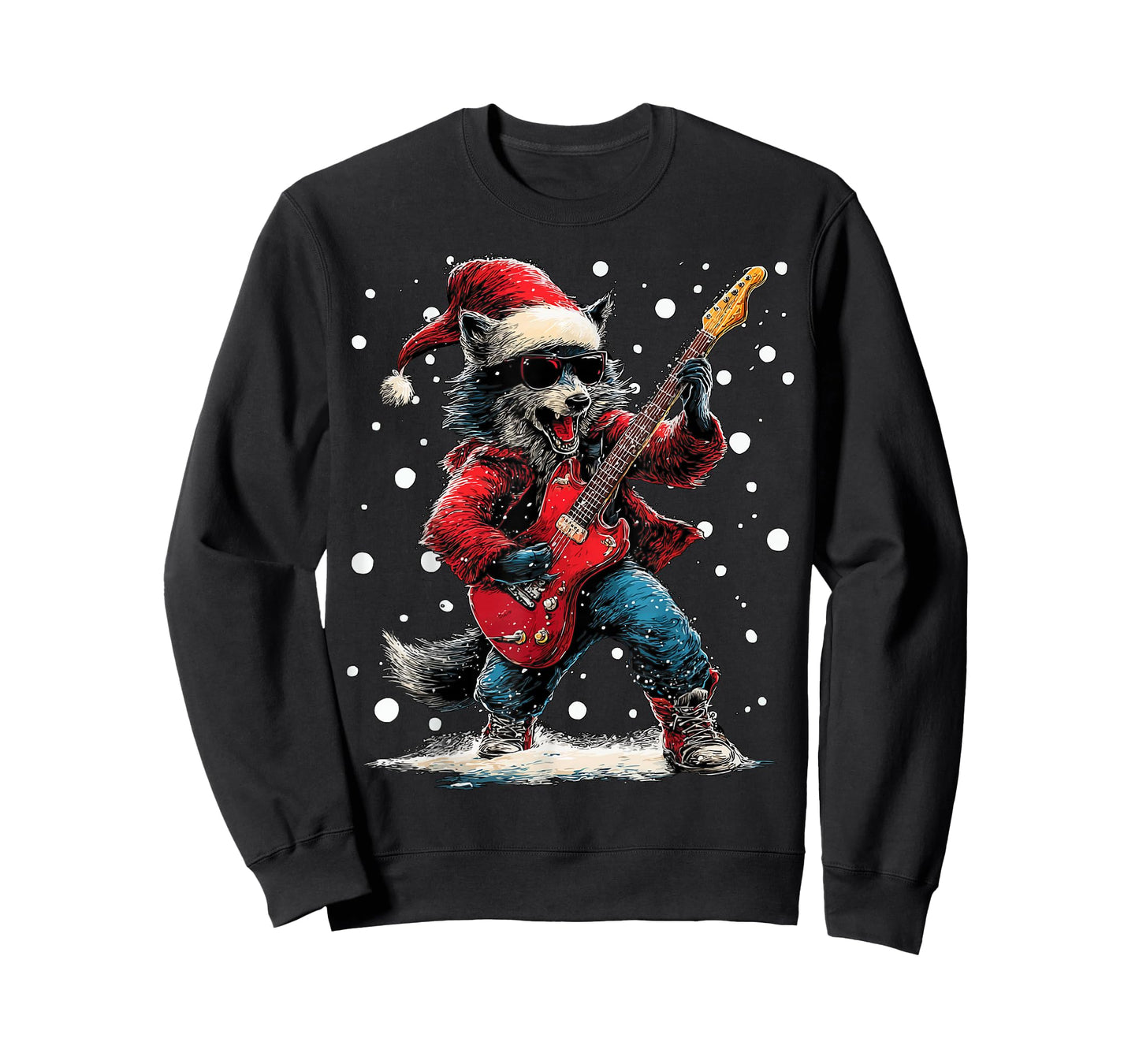 Christmas Wolf Playing Guitar Funny Musician Animal Music T-Shirt