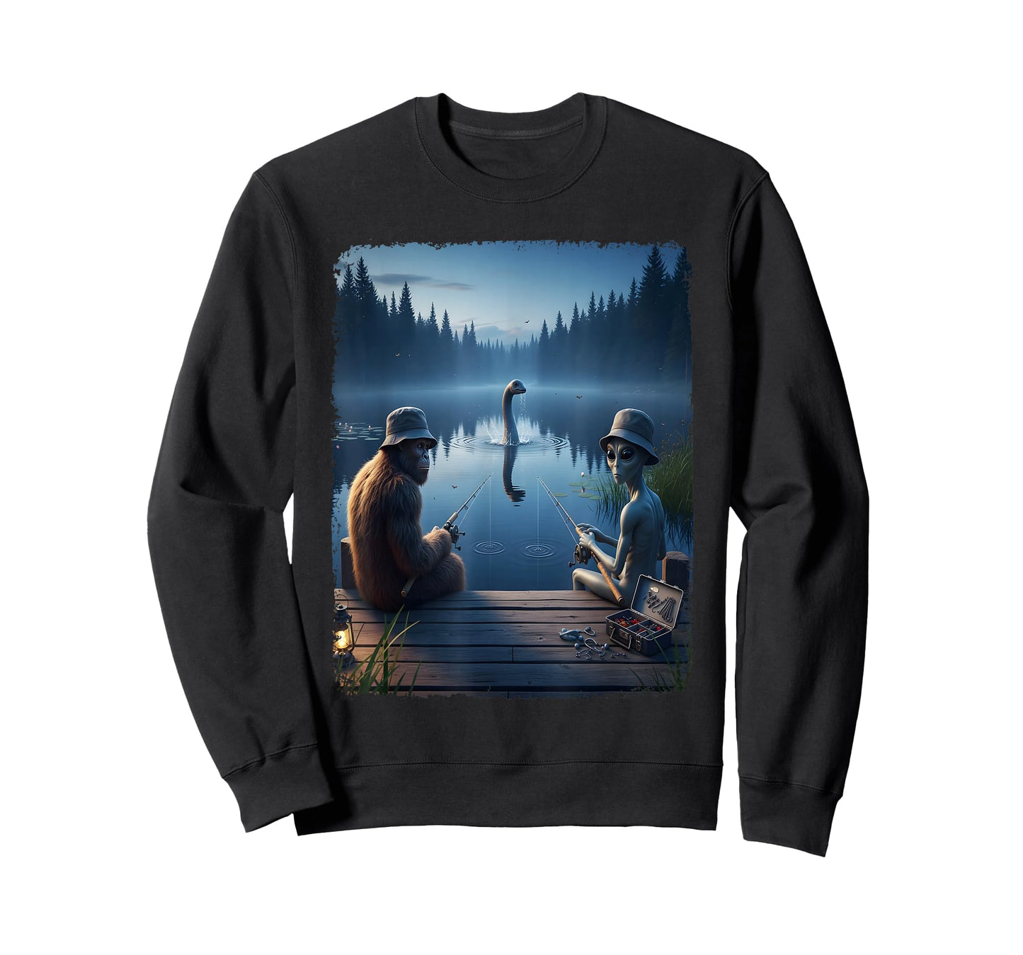 Funny Cryptid Fishing Loch Ness Selfie Top Alien Bigfoot T-Shirt