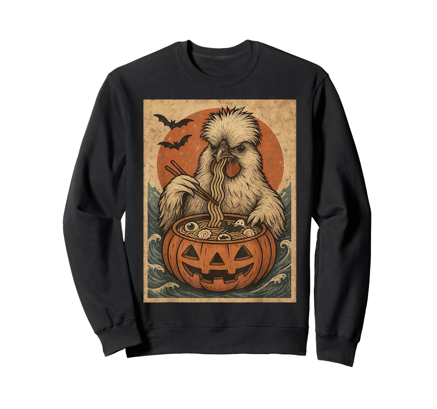Funny Spooky Silkie Chicken Pumpkin Japanese Ramen Noodles T-Shirt