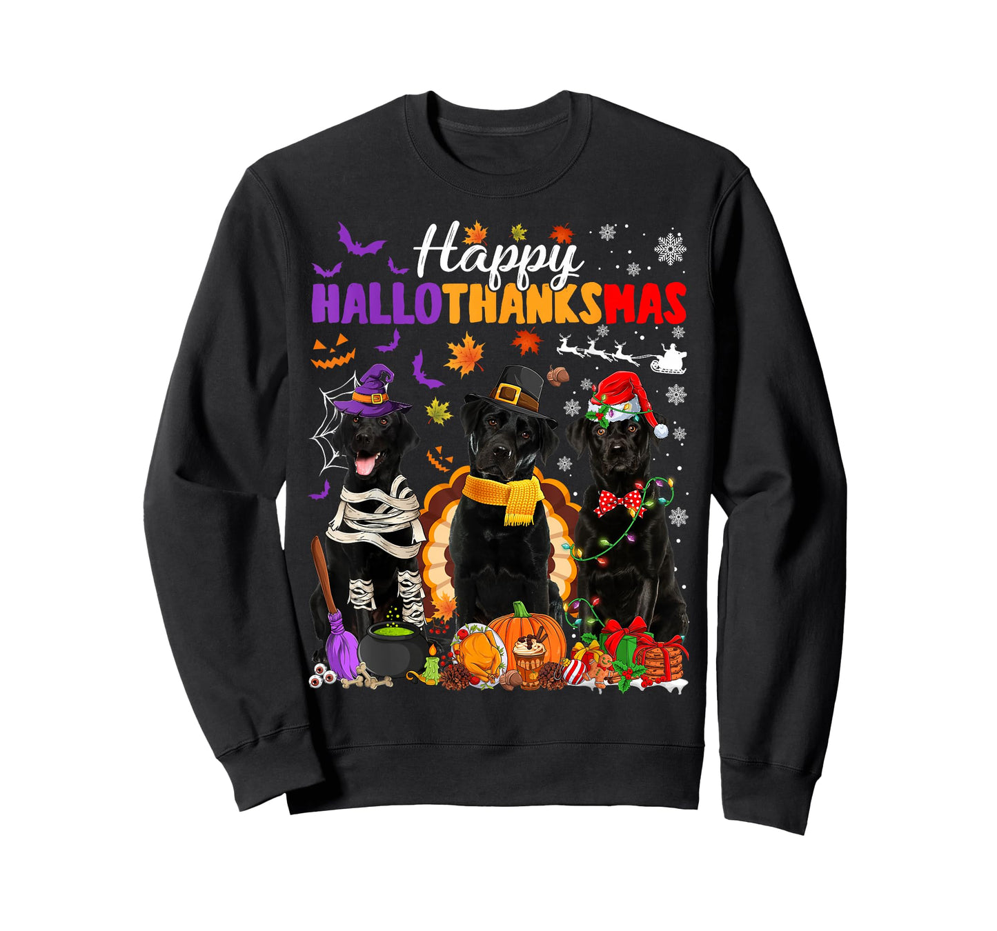 Witch Pilgrim Turkey Santa Black Labrador Dog HalloThanksMas T-Shirt