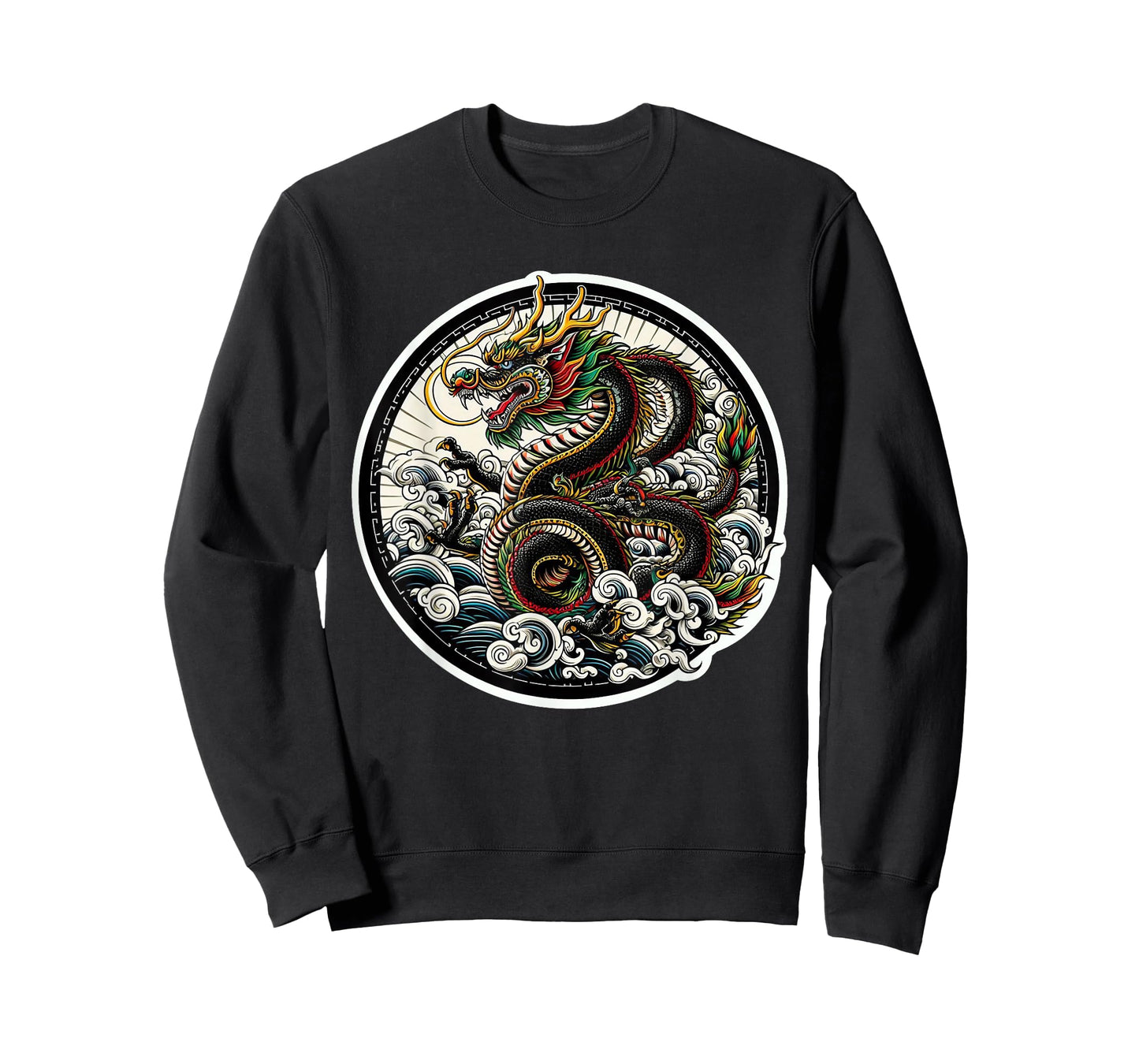 xDevery Asian Dragon Green Lucky Tattoo Design Colourful Vivid T-Shirt, Small, Black