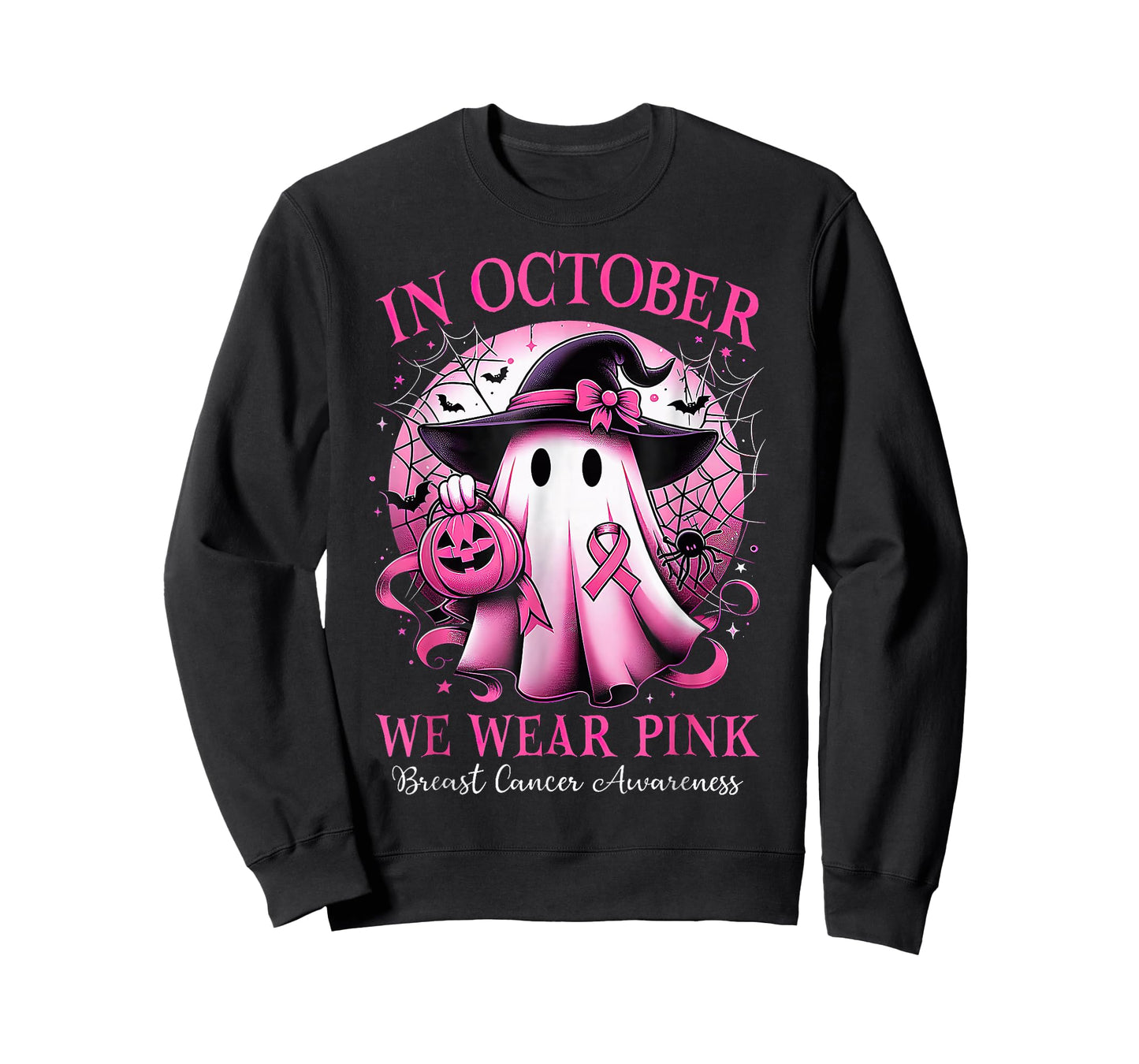 In October We Wear Pink Witch Ghost Breast Cancer Awareness T-Shirt