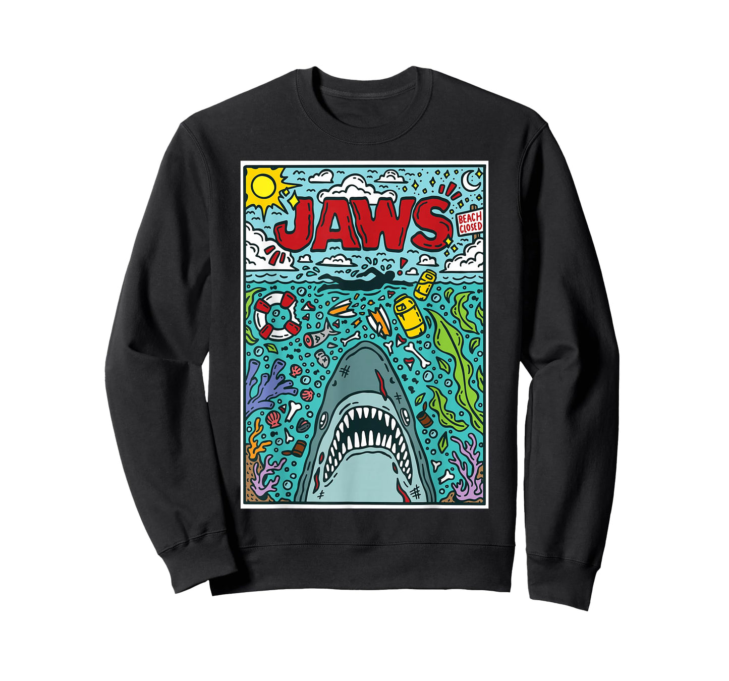 Jaws 50th Anniversary Poster Comic Chaos Style 2-Sided T-Shirt