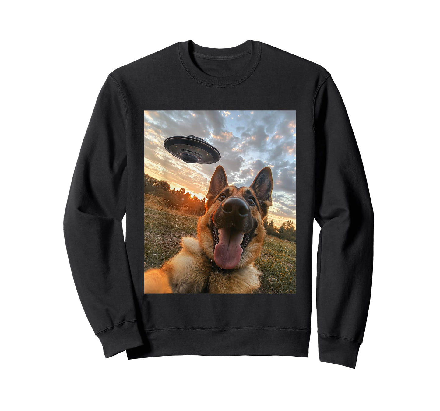 German Shepherd Dog Selfie with UFOs Aliens Funny Graphic T-Shirt