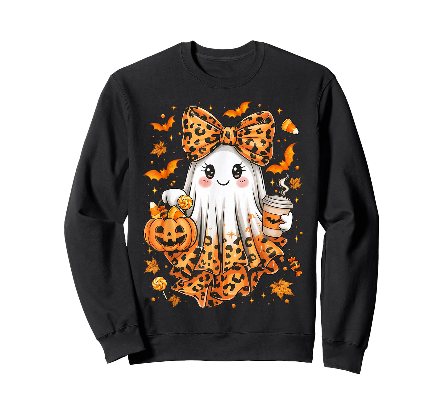 Leopard Ghost Drinking Coffee Halloween Ghost Coffee Women T-Shirt