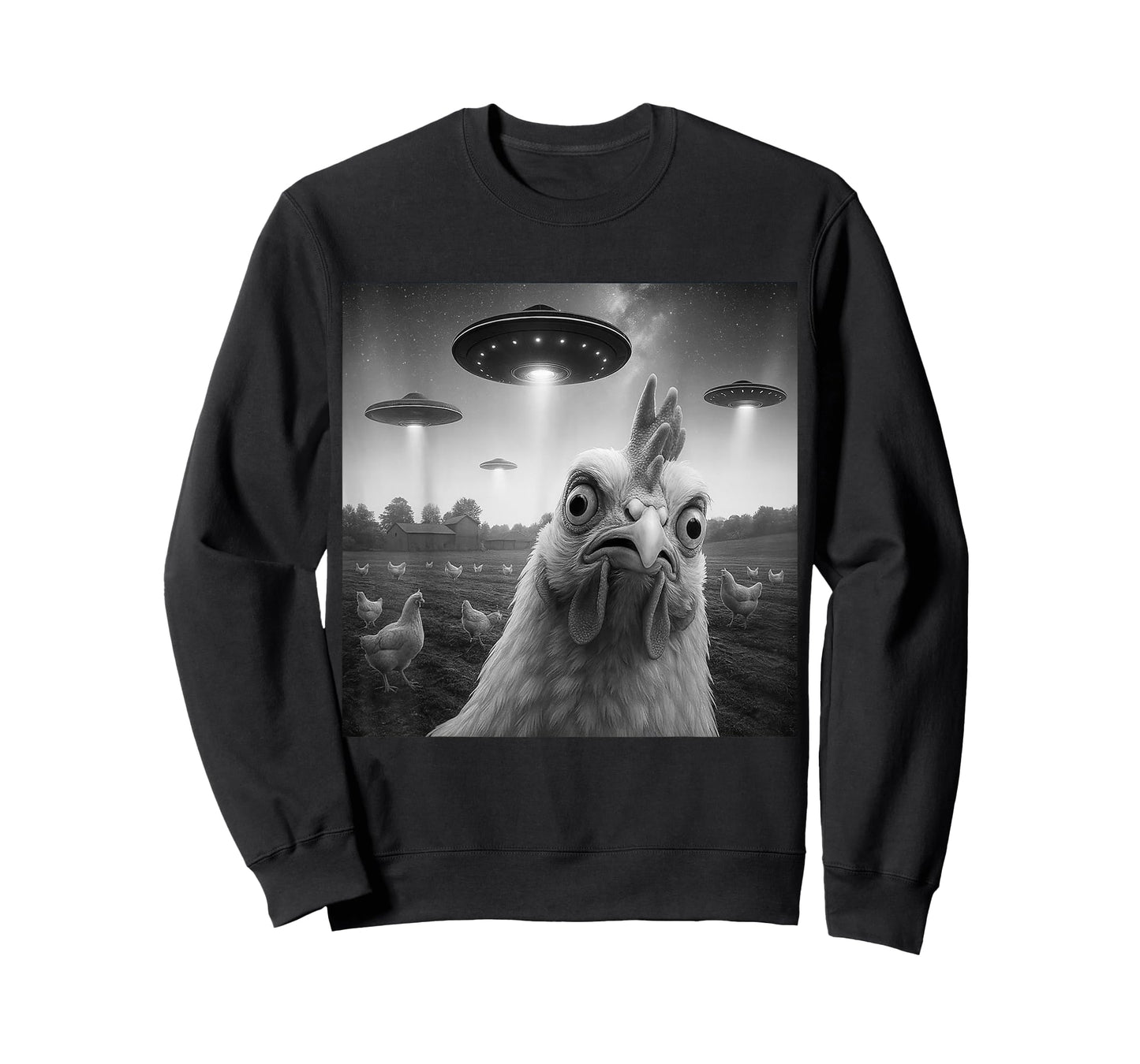 Chicken Rooster Funny Selfie Chicken with UFOs Weird Aliens T-Shirt