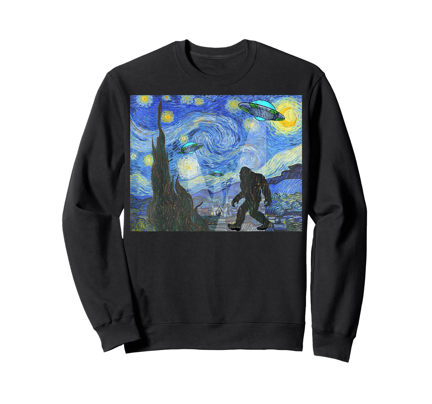 Starry Night Sasquatch And UFO Aliens Bigfoot Graphic T-Shirt