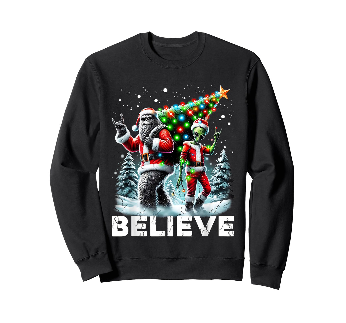 Believe Funny Alien and Bigfoot Christmas Design T-Shirt