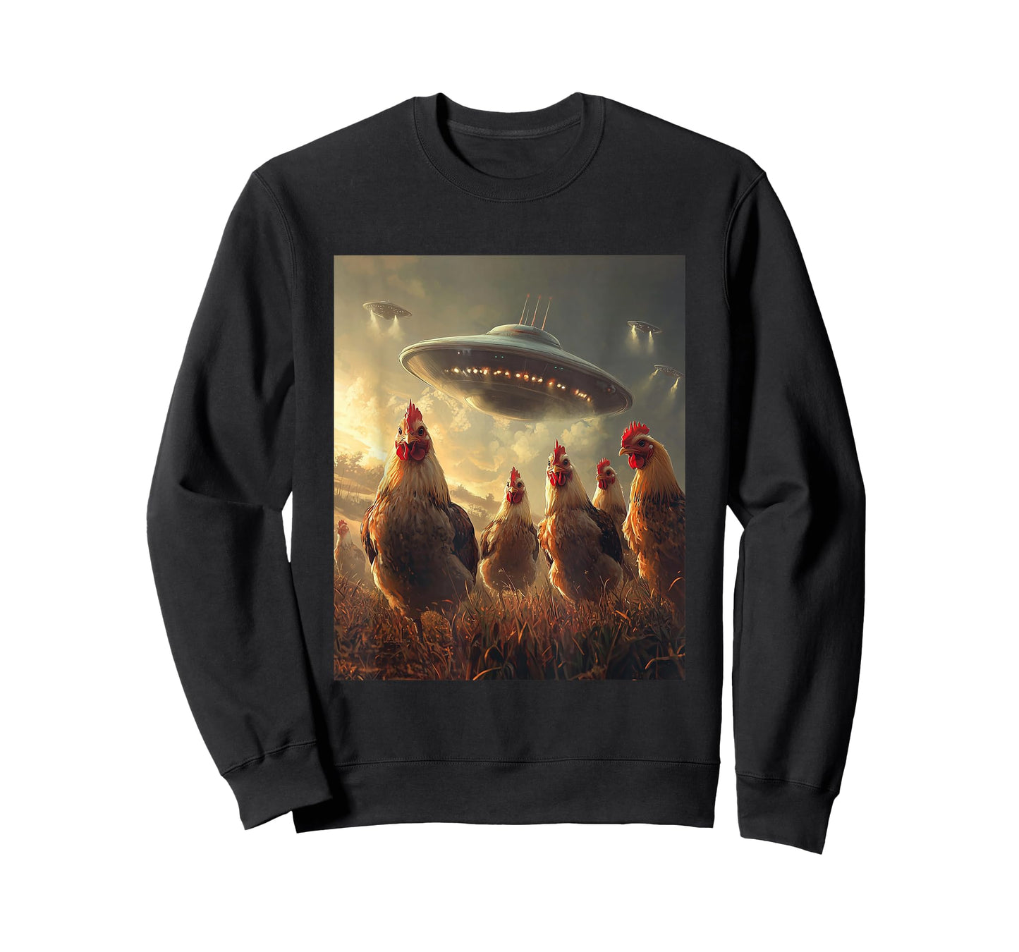 Chicken Selfie with UFOs Aliens Funny Graphic T-Shirt