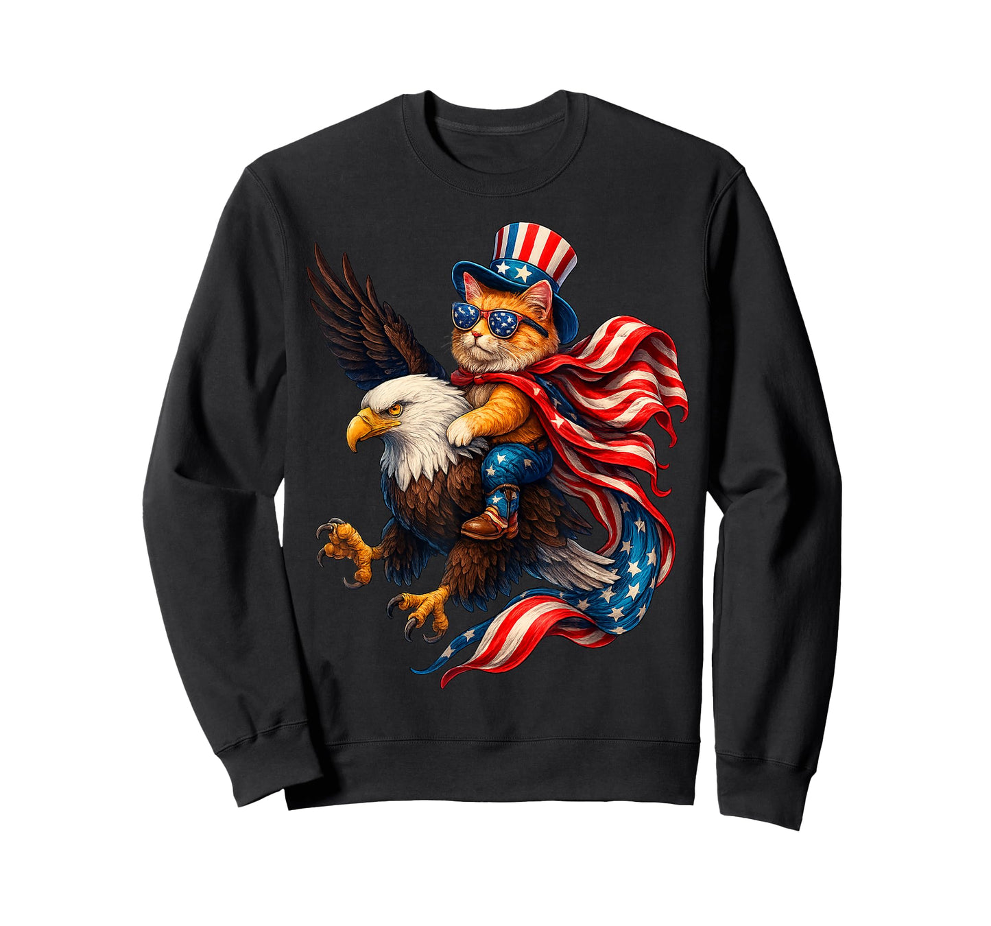Patriotic Cat Riding Eagle Funny 4th of July American Flag T-Shirt