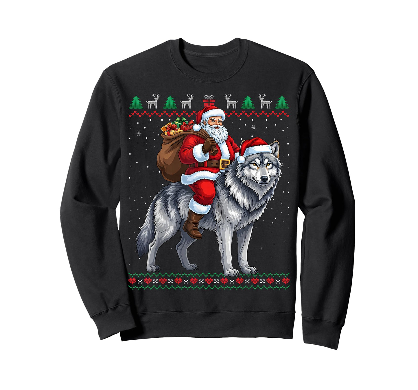 Santa Riding a Wolf Christmas Funny Ugly Sweater T-Shirt