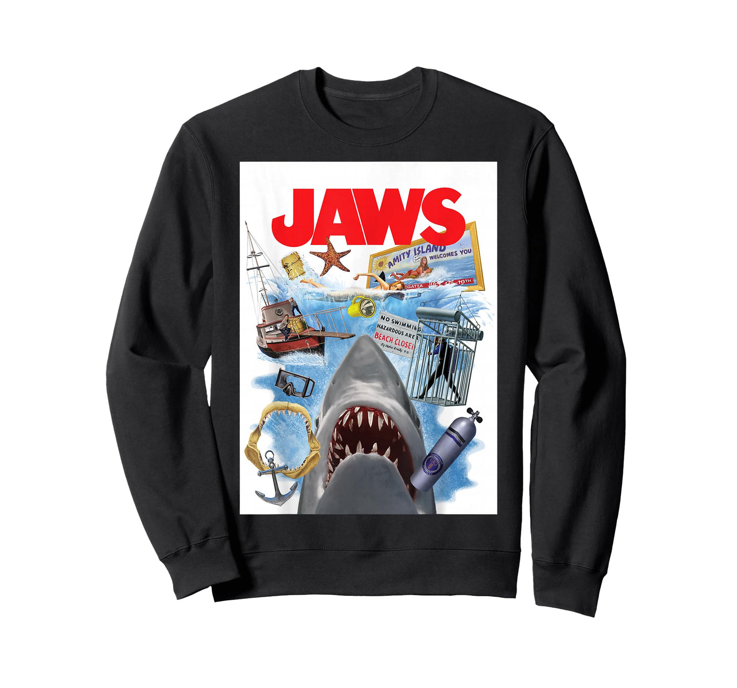 Jaws 50th Anniversary Poster Amity Island Collage 2-Sided T-Shirt