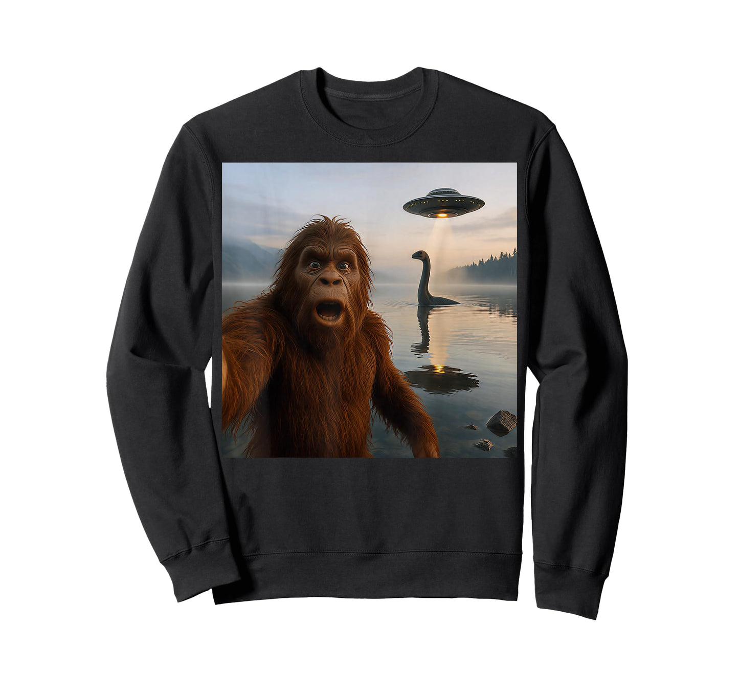 Funny Bigfoot Selfie with Loch Ness Monster and UFO Aliens T-Shirt
