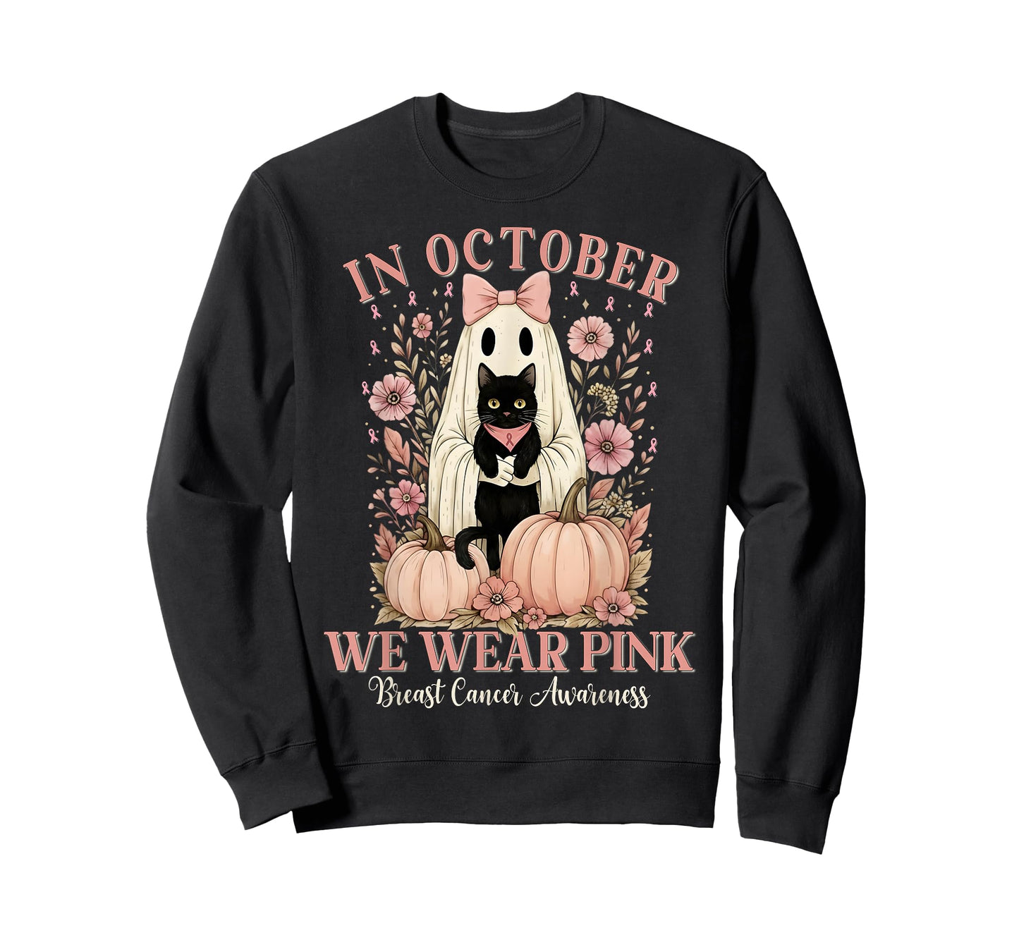 in October We Wear Pink Ghost Halloween Cat Breast Cancer T-Shirt