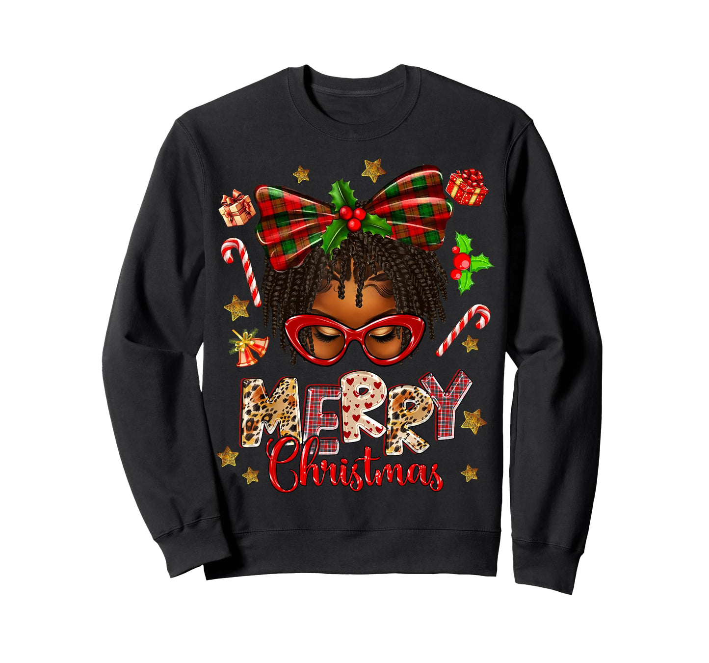 African American Woman Locs Hair Santa Hat Merry Christmas T-Shirt