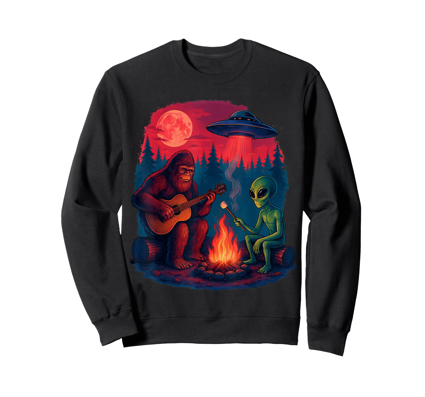Alien Bigfoot Campfire Moon UFO Sasquatch Adventure Hiking T-Shirt