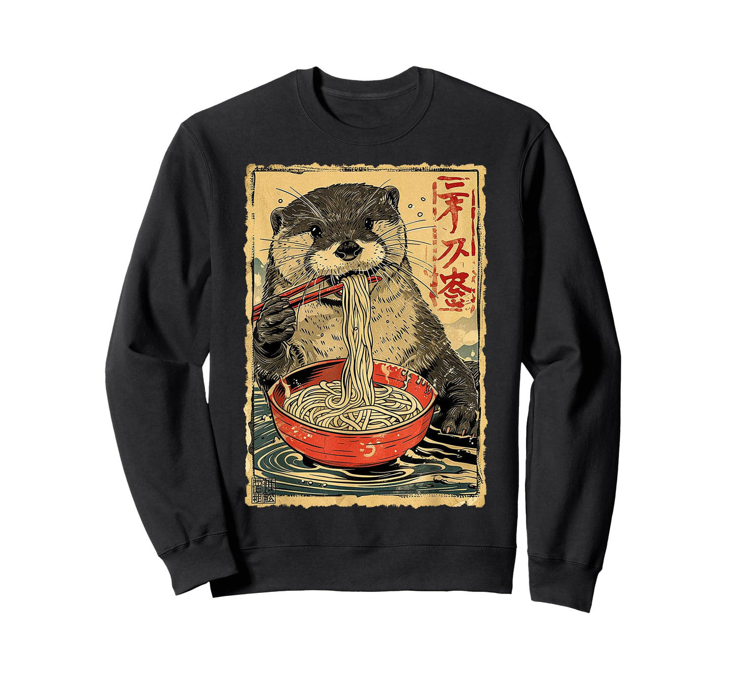 Funny Vintage Japanese Art Otter Eating Ramen Noodles Kids T-Shirt