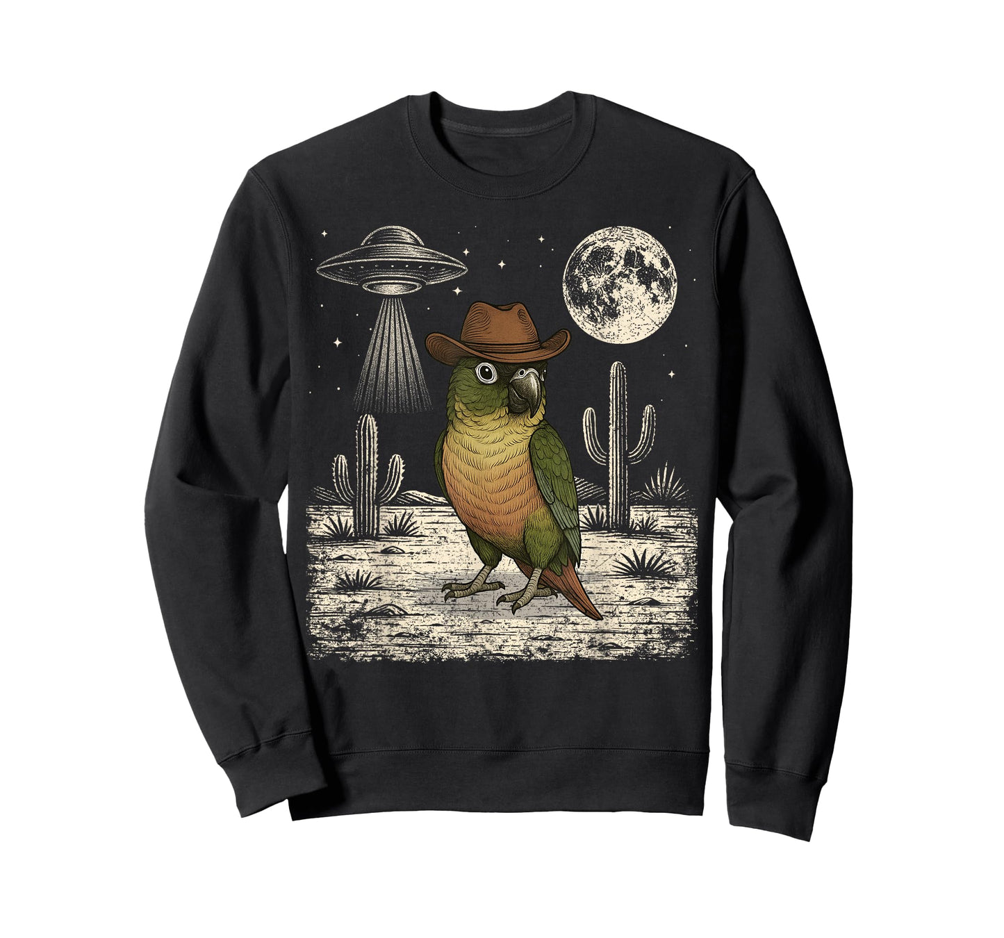 Funny Green Cheek Conure Parrot Cowboy Western UFO T-Shirt