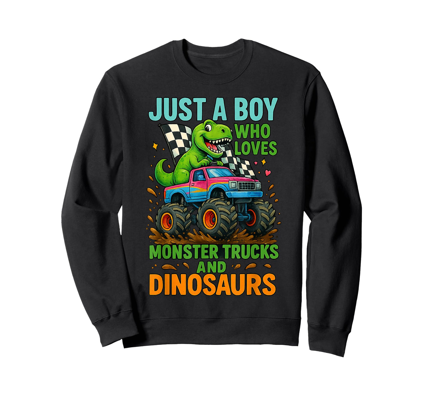 Just A Boy Who Loves Monster Trucks and Dinosaurs Cute T-Rex T-Shirt