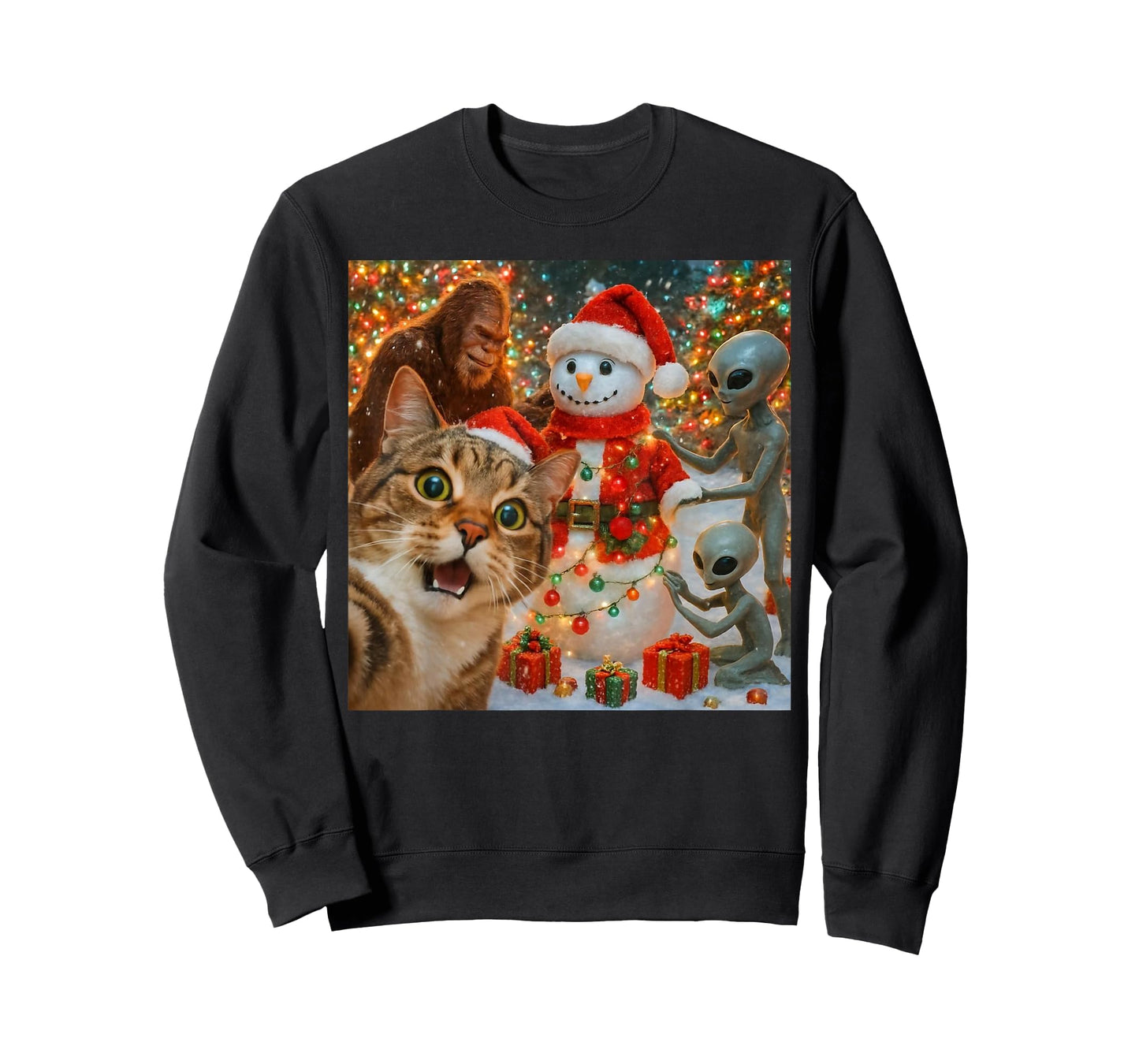 Funny Christmas Cat Selfie with Bigfoot Alien & Snowman T-Shirt