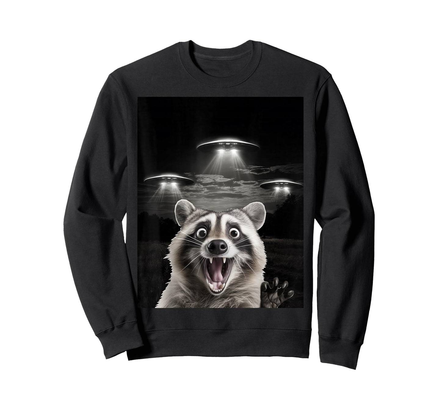 Funny Animal Ufo Alien Selfie Shop - Unisex-Adults UFO Racoon Meme T-Shirt - Black, Small
