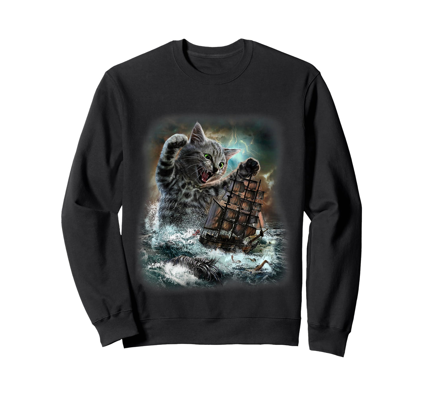 Giant Cat as Kraken Sea Monster Ambush a War Ship in Ocean T-Shirt