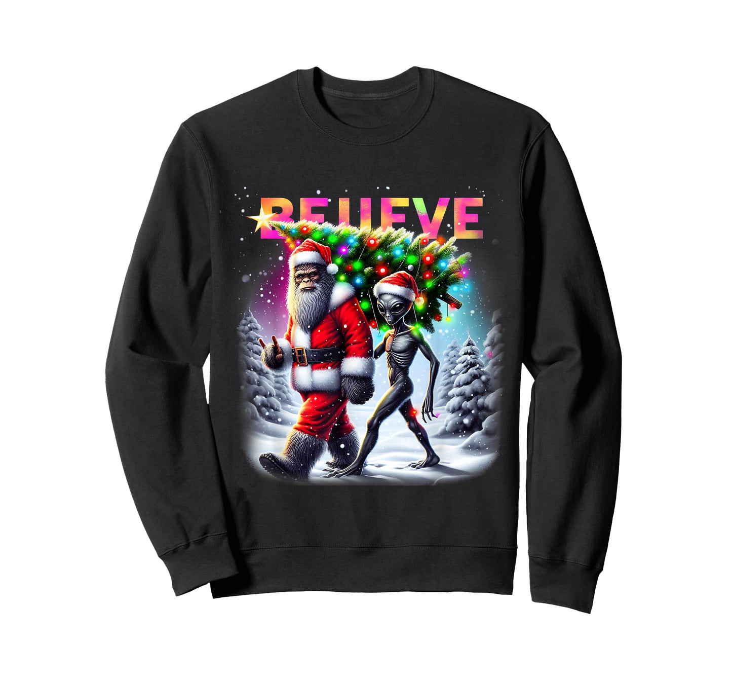 Believe Funny Alien and Bigfoot Christmas Design T-Shirt