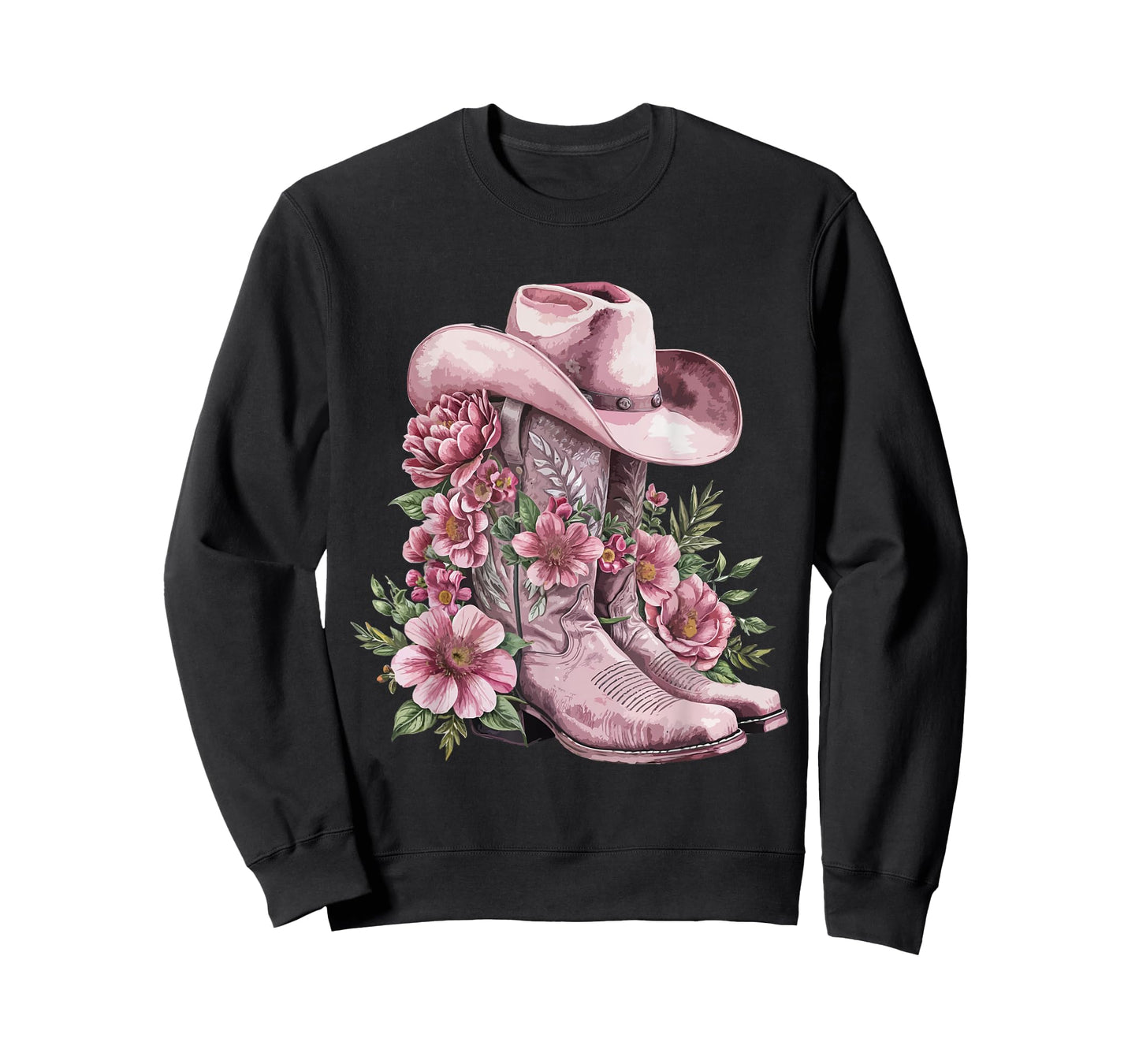 Watercolor Cowgirl Floral Boots Hat Western Boots Boho Women T-Shirt