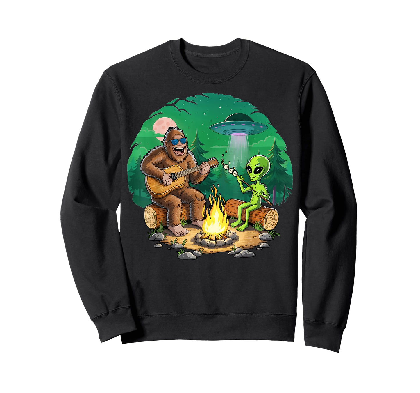 Funny Alien and Big Foot Campfire Moon Adventure Hiking T-Shirt