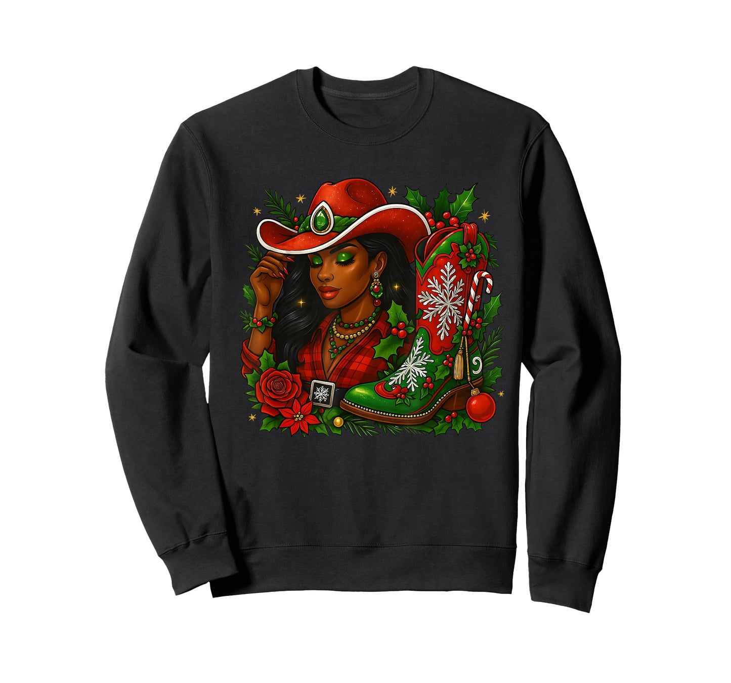 Black Melanin Cowgirl Christmas Boot Western Holiday T-Shirt