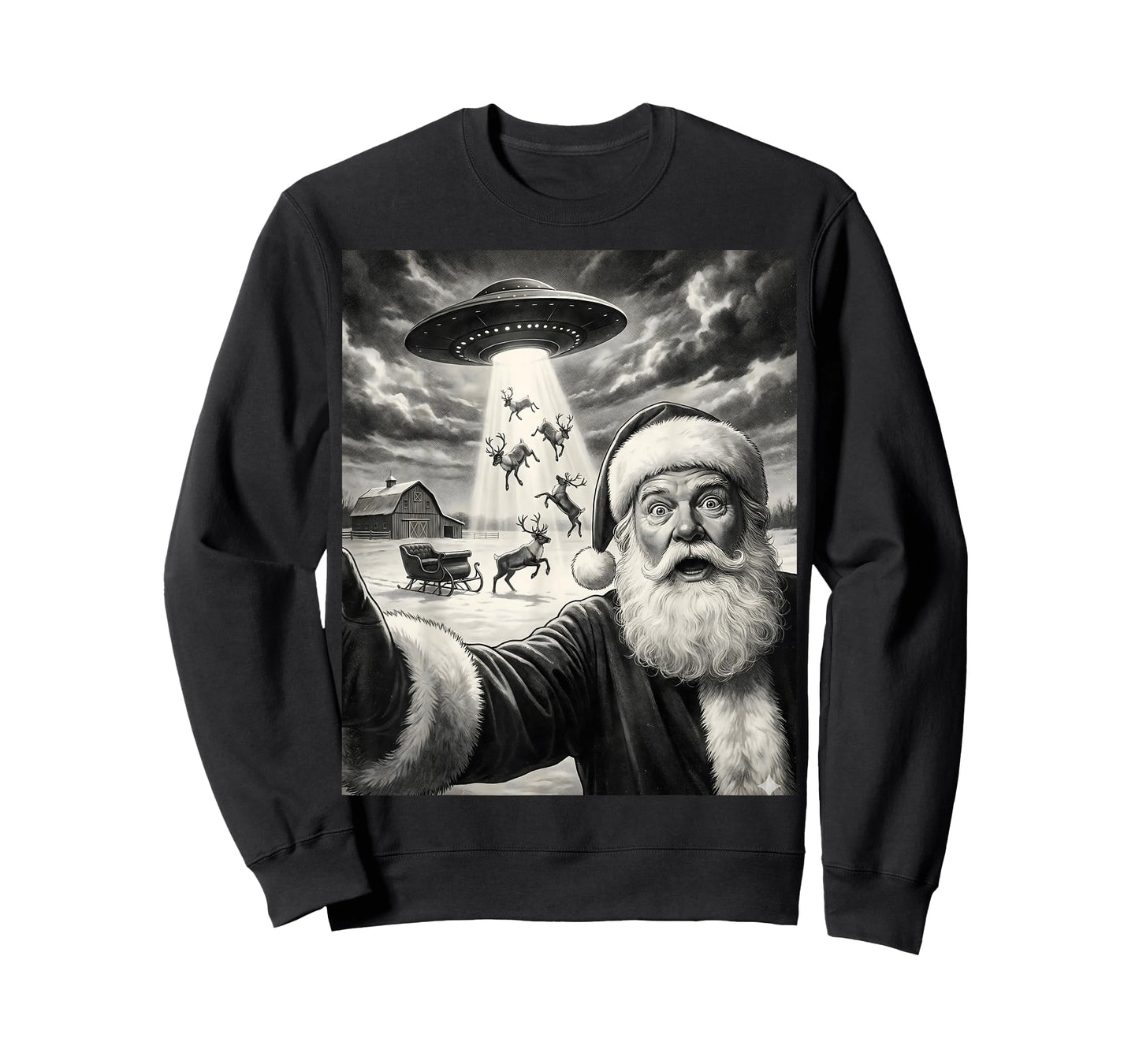Santa Selfie with Alien UFO Funny Reindeer Men Women Kids T-Shirt