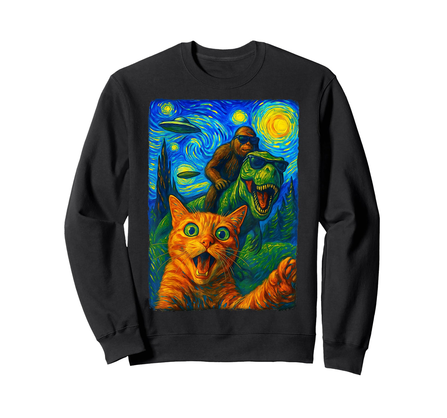 Cat T-Rex Bigfoot UFO Selfie T-Shirt